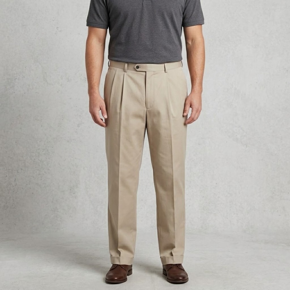 Roundtree & Yorke Pleated Chino Pants Mens 38x29 Tan Beige Cotton Stretch‎ EUC